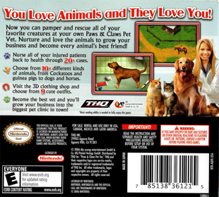 Paws & Claws: Pet Vet - Box - Back (North America) - 640x579