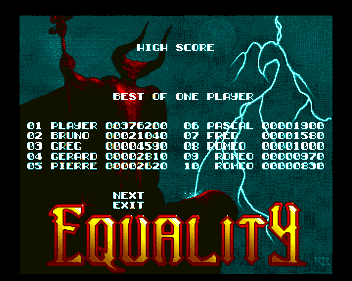 Equality - Screenshot - High Scores (Europe) - 360x287