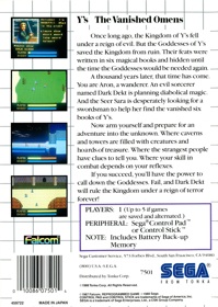 Ys: The Vanished Omens - Box - Back (North America) - 1437x2020