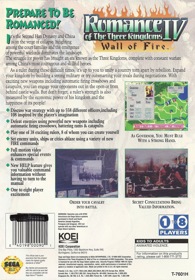 Romance of the Three Kingdoms IV: Wall of Fire - Box - Back (North America) - 1640x2357