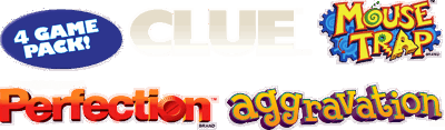 4 Game Pack! Clue / Mouse Trap / Perfection / Aggravation - Clear Logo (North America) - 2368x693